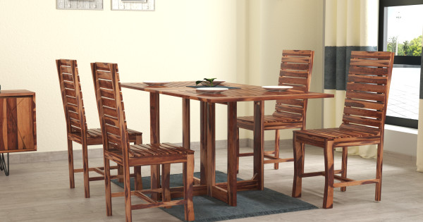 Shop Stripped Design 4-Seater Dining Table in Honey Finish