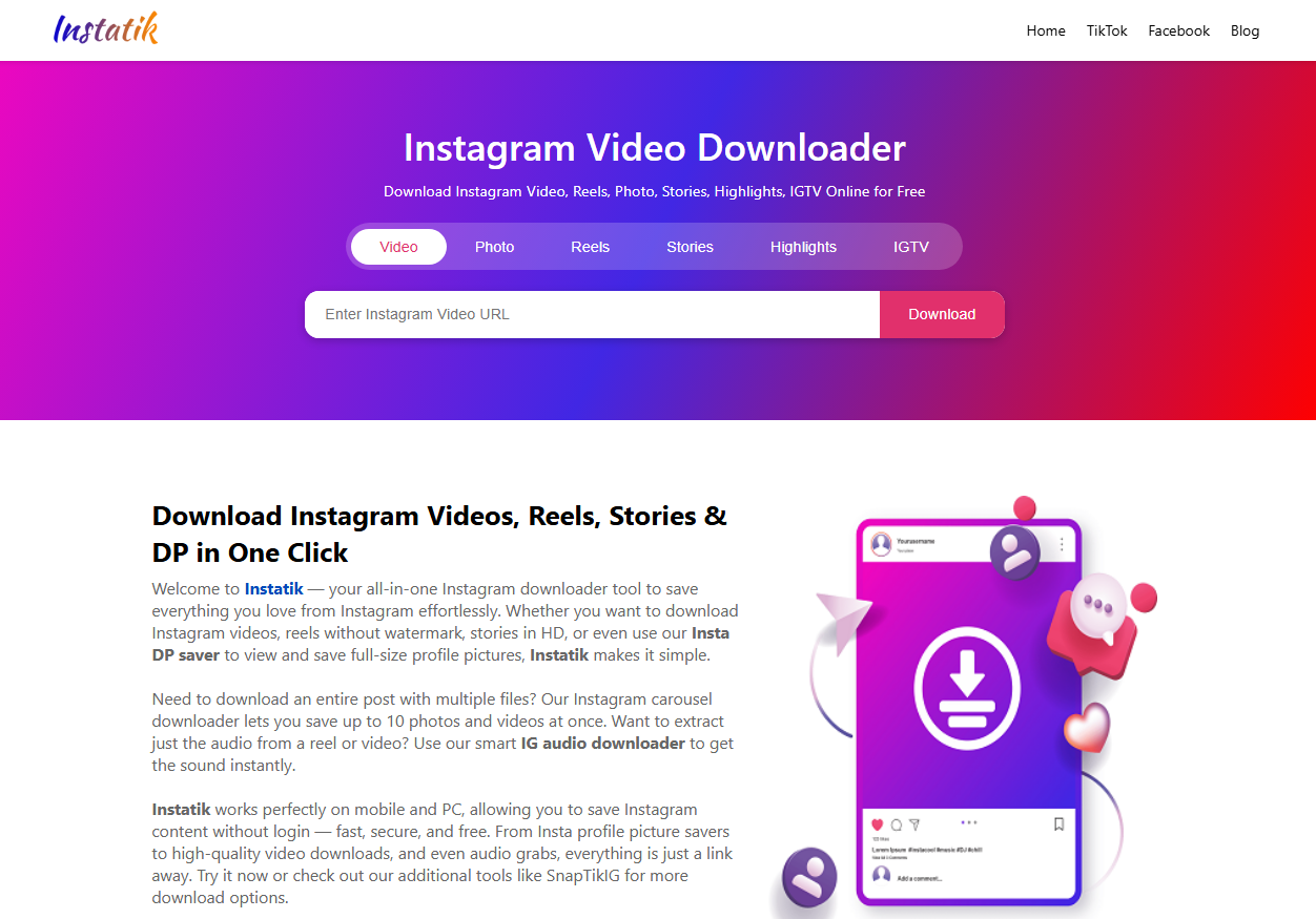 Instatik: Download Instagram Reels, Videos & More Free - instatik